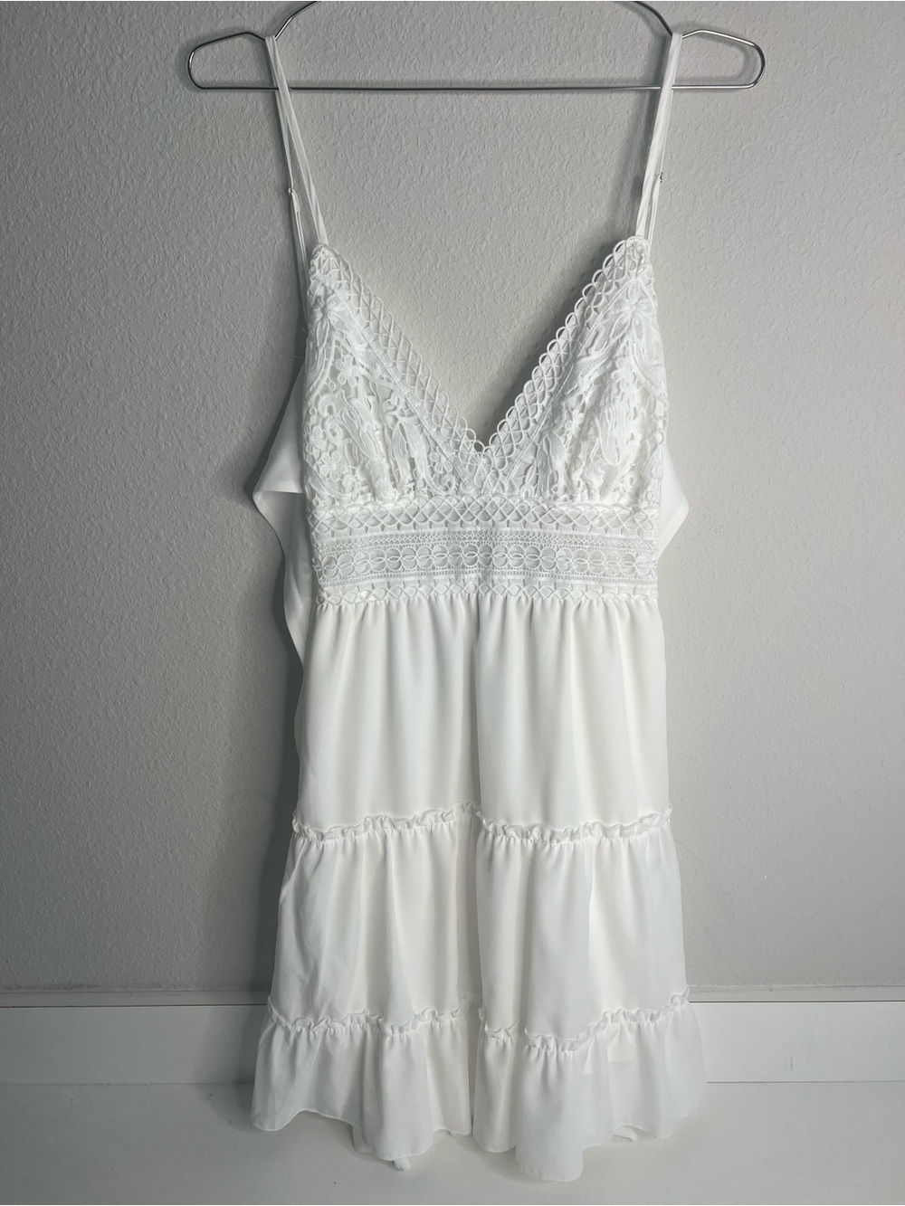 Wish White Lace V-Neck Slip Dress with Tiered Skirt